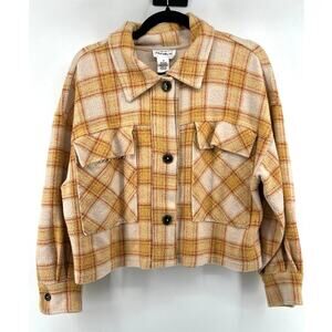 For The Republic Yellow Plaid Cropped Shacket Women's M